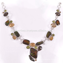 Beautiful Ammolite And Multi Gemstone 925 Solid Silver Necklace Jewelry